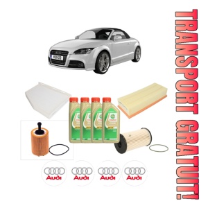 Set Pachet filtre revizie Bosch, 4 litrii ulei Castrol 5W30 AUDI TT Roadster (8J9) 2.0 TDI quattro din 2008-2014, 4x Stickere auto cu AUDI
