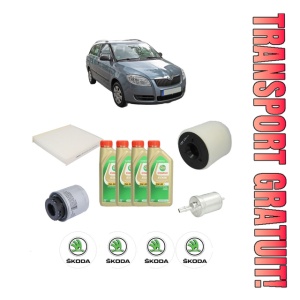 Set Pachet filtre revizie Bosch, 4 litrii ulei Castrol 5W30 SKODA FABIA II Combi (545) 1.4 TSI RS din 2010-2014, 4x Stickere auto cu SKODA