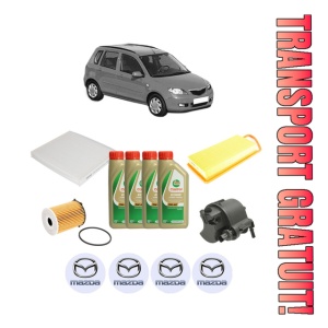 Set Pachet filtre revizie Bosch, 4 litrii ulei Castrol 5W40 MAZDA 2 (DY) 1.4 CD din 2003-2007, 4x Stickere auto cu MAZDA