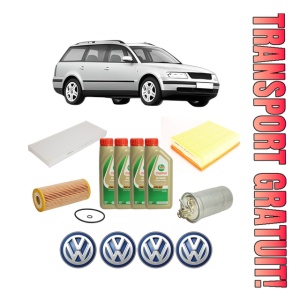 Set Pachet filtre revizie Bosch, 4 litrii ulei Castrol 5W40 Volkswagen PASSAT B5 Variant (3B5) 1.9 TDI din 2000, 4x Stickere auto cu Volkswagen
