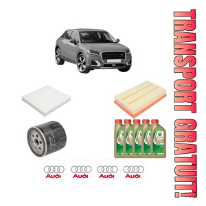 Set Pachet filtre revizie Bosch, 5 litrii ulei Castrol 0W20 AUDI Q2 (GAB, GAG) 35 TFSI din 2018, 4x Stickere auto cu AUDI