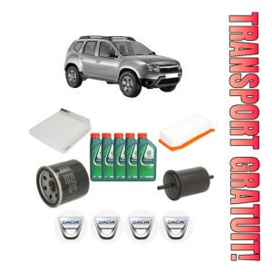Set Pachet filtre revizie Bosch, 5 litrii ulei Castrol 10W40 DACIA DUSTER (HS_) 1.6 SCe 115 LPG din 2015-2018, 4x Stickere auto cu DACIA