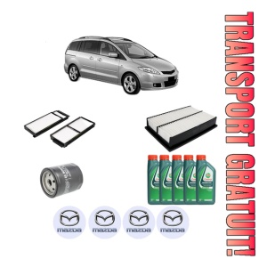 Set Pachet filtre revizie Bosch, 5 litrii ulei Castrol 10W40 MAZDA 5 (CR) 1.8 (CR19) din 2005-2010, 4x Stickere auto cu MAZDA