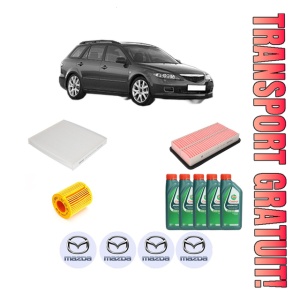 Set Pachet filtre revizie Bosch, 5 litrii ulei Castrol 10W40 MAZDA 6 Station Wagon (GY) 2.0 (GYEW) din 2005-2007, 4x Stickere auto cu MAZDA