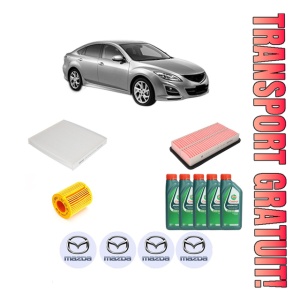 Set Pachet filtre revizie Bosch, 5 litrii ulei Castrol 10W40 MAZDA 6 Saloon (GH) 2.0 MZR (GHEFP, GH10F) din 2007-2012, 4x Stickere auto cu MAZDA