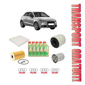 Set Pachet filtre revizie Bosch, 5 litrii ulei Castrol 5W30 AUDI A1 (8X1, 8XK) 1.6 TDI din 2010-2015, 4x Stickere auto cu AUDI