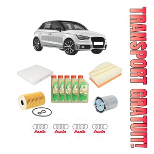 Set Pachet filtre revizie Bosch, 5 litrii ulei Castrol 5W30 AUDI A1 Sportback (8XA, 8XF) 2.0 TDI din 2012-2015, 4x Stickere auto cu AUDI