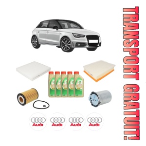 Set Pachet filtre revizie Bosch, 5 litrii ulei Castrol 5W30 AUDI A1 Sportback (8XA, 8XF) 1.6 TDI din 2014-2018, 4x Stickere auto cu AUDI
