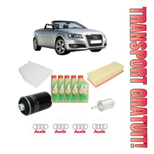 Set Pachet filtre revizie Bosch, 5 litrii ulei Castrol 5W30 AUDI A3 Convertible (8P7) 2.0 TFSI din 2008-2013, 4x Stickere auto cu AUDI