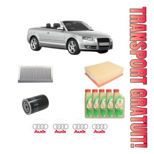 Set Pachet filtre revizie Bosch, 5 litrii ulei Castrol 5W30 AUDI A4 B6 Convertible (8H7) 1.8 T quattro din 2003-2005, 4x Stickere auto cu AUDI