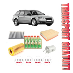 Set Pachet filtre revizie Bosch, 5 litrii ulei Castrol 5W30 AUDI A4 B7 Avant (8ED) 2.0 TFSI din 2004-2008, 4x Stickere auto cu AUDI