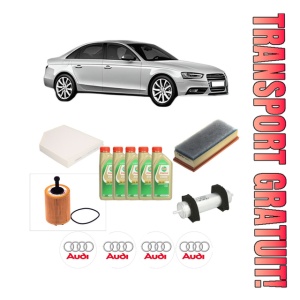 Set Pachet filtre revizie Bosch, 5 litrii ulei Castrol 5W30 AUDI A4 B8 (8K2) 2.0 TDI quattro din 2008-2015, 4x Stickere auto cu AUDI