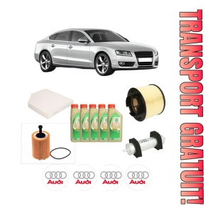 Set Pachet filtre revizie Bosch, 5 litrii ulei Castrol 5W30 AUDI A5 Sportback (8TA) 2.0 TDI din 2009-2017, 4x Stickere auto cu AUDI