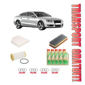 Set Pachet filtre revizie Bosch, 5 litrii ulei Castrol 5W30 AUDI A5 Sportback (8TA) 2.0 TFSI quattro din 2015-2017, 4x Stickere auto cu AUDI