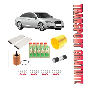 Set Pachet filtre revizie Bosch, 5 litrii ulei Castrol 5W30 AUDI A6 C6 (4F2) 2.0 TDI din 2008-2011, 4x Stickere auto cu AUDI