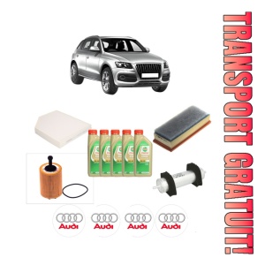Set Pachet filtre revizie Bosch, 5 litrii ulei Castrol 5W30 AUDI Q5 (8RB) 2.0 TDI quattro din 2009-2013, 4x Stickere auto cu AUDI