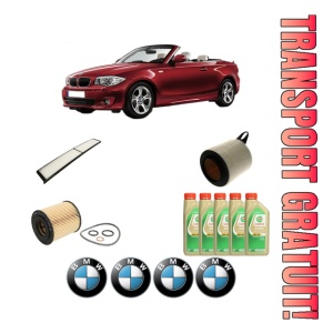 Set Pachet filtre revizie Bosch, 5 litrii ulei Castrol 5W30 BMW Seria 1 Convertible (E88) 118 i din 2008-2013, 4x Stickere auto cu BMW