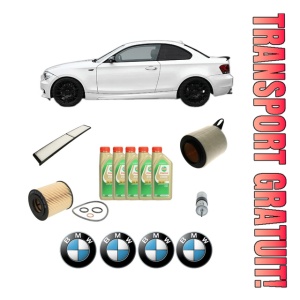 Set Pachet filtre revizie Bosch, 5 litrii ulei Castrol 5W30 BMW Seria 1 Coupe (E82) 120 i din 2009-2013, 4x Stickere auto cu BMW