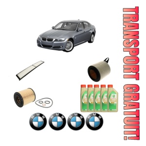 Set Pachet filtre revizie Bosch, 5 litrii ulei Castrol 5W30 BMW Seria 3 (E90) 316 i din 2005-2011, 4x Stickere auto cu BMW