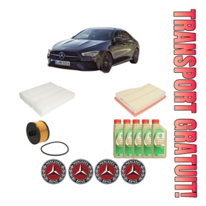 Set Pachet filtre revizie Bosch, 5 litrii ulei Castrol 5W30 MERCEDES-BENZ CLA (C118) CLA 250 e (118.386) din 2020, 4x Stickere auto cu MERCEDES-BENZ