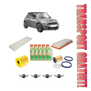Set Pachet filtre revizie Bosch, 5 litrii ulei Castrol 5W30 MINI MINI (R56) John Cooper Works din 2007-2013, 4x Stickere auto cu MINI