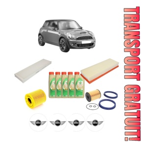 Set Pachet filtre revizie Bosch, 5 litrii ulei Castrol 5W30 MINI MINI (R56) Cooper din 2009-2013, 4x Stickere auto cu MINI