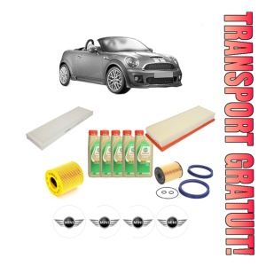 Set Pachet filtre revizie Bosch, 5 litrii ulei Castrol 5W30 MINI MINI Roadster (R59) Cooper din 2011-2015, 4x Stickere auto cu MINI