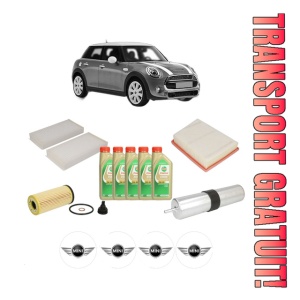 Set Pachet filtre revizie Bosch, 5 litrii ulei Castrol 5W30 MINI MINI (F55) One D din 2014, 4x Stickere auto cu MINI
