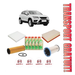 Set Pachet filtre revizie Bosch, 5 litrii ulei Castrol 5W30 SEAT ATECA (KH7, KHP) 2.0 TDI 4Drive din 2016, 4x Stickere auto cu SEAT