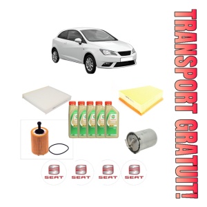 Set Pachet filtre revizie Bosch, 5 litrii ulei Castrol 5W30 SEAT IBIZA IV SC (6J1, 6P5) 1.9 TDI din 2008-2010, 4x Stickere auto cu SEAT