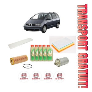 Set Pachet filtre revizie Bosch, 5 litrii ulei Castrol 5W30 SEAT ALHAMBRA (7V8, 7V9) 1.9 TDI din 2000-2010, 4x Stickere auto cu SEAT