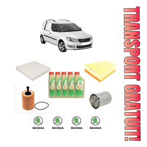 Set Pachet filtre revizie Bosch, 5 litrii ulei Castrol 5W30 SKODA FABIA I Praktik (6Y5) 1.4 TDI din 2005-2007, 4x Stickere auto cu SKODA
