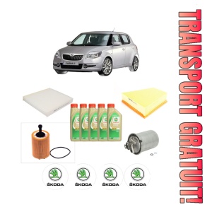Set Pachet filtre revizie Bosch, 5 litrii ulei Castrol 5W30 SKODA FABIA II (542) 1.9 TDI din 2007-2010, 4x Stickere auto cu SKODA