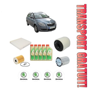 Set Pachet filtre revizie Bosch, 5 litrii ulei Castrol 5W30 SKODA FABIA II Combi (545) 1.2 TDI din 2010-2014, 4x Stickere auto cu SKODA