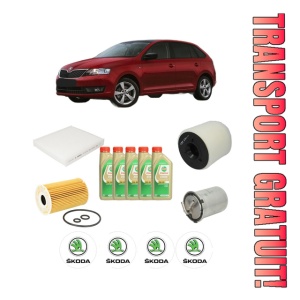 Set Pachet filtre revizie Bosch, 5 litrii ulei Castrol 5W30 SKODA RAPID Spaceback (NH1) 1.6 TDI din 2013-2015, 4x Stickere auto cu SKODA