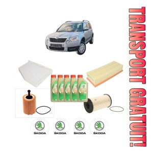 Set Pachet filtre revizie Bosch, 5 litrii ulei Castrol 5W30 SKODA YETI (5L) 2.0 TDI 4x4 din 2009-2015, 4x Stickere auto cu SKODA