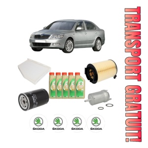 Set Pachet filtre revizie Bosch, 5 litrii ulei Castrol 5W30 SKODA Octavia II (1Z3) 1.6 din 2004-2013, 4x Stickere auto cu SKODA
