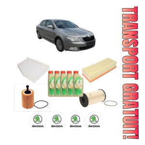 Set Pachet filtre revizie Bosch, 5 litrii ulei Castrol 5W30 SKODA SUPERB II (3T4) 1.9 TDI din 2008-2010, 4x Stickere auto cu SKODA
