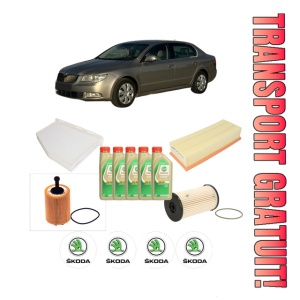 Set Pachet filtre revizie Bosch, 5 litrii ulei Castrol 5W30 SKODA SUPERB II Estate (3T5) 2.0 TDI din 2009-2010, 4x Stickere auto cu SKODA