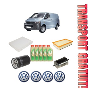 Set Pachet filtre revizie Bosch, 5 litrii ulei Castrol 5W30 Volkswagen TRANSPORTER T5 Van (7HA, 7HH, 7EA, 7EH) 2.0 BiFuel din 2007-2015, 4x Stickere auto cu Volkswagen