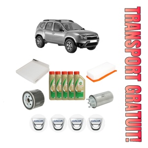Set Pachet filtre revizie Bosch, 5 litrii ulei Castrol 5W40 DACIA DUSTER (HS_) 1.5 dCi (HSMC) din 2010-2018, 4x Stickere auto cu DACIA