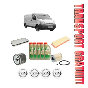 Set Pachet filtre revizie Bosch, 5 litrii ulei Castrol 5W40 OPEL VIVARO A Van (X83) 1.9 DI (F7) din 2001-2006, 4x Stickere auto cu OPEL