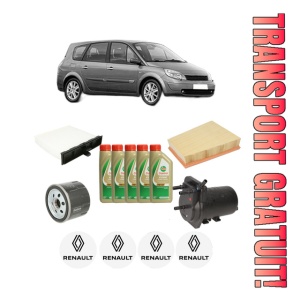 Set Pachet filtre revizie Bosch, 5 litrii ulei Castrol 5W40 RENAULT GRAND SCENIC II (JM0/1_) 1.5 dCi (JM02, JM13) din 2004-2008, 4x Stickere auto cu RENAULT