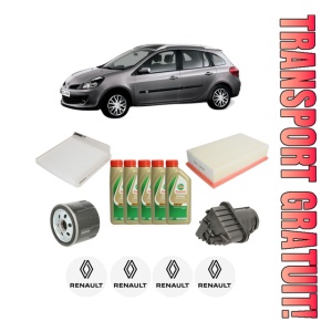Set Pachet filtre revizie Bosch, 5 litrii ulei Castrol 5W40 RENAULT CLIO III Grandtour (KR0/1_) 1.5 dCi (KR0F) din 2007-2012, 4x Stickere auto cu RENAULT