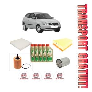 Set Pachet filtre revizie Bosch, 5 litrii ulei Castrol 5W40 SEAT IBIZA III (6L1) 1.4 TDI din 2005-2009, 4x Stickere auto cu SEAT