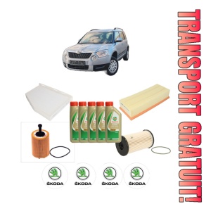 Set Pachet filtre revizie Bosch, 5 litrii ulei Castrol 5W40 SKODA YETI (5L) 2.0 TDI 4x4 din 2009-2017, 4x Stickere auto cu SKODA
