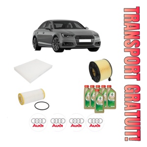 Set Pachet filtre revizie Bosch, 6 litrii ulei Castrol 0W20 AUDI A4 B9 (8W2, 8WC) 2.0 TFSI din 2015, 4x Stickere auto cu AUDI