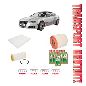 Set Pachet filtre revizie Bosch, 6 litrii ulei Castrol 0W20 AUDI A7 Sportback (4KA) 50 TFSI e quattro din 2019, 4x Stickere auto cu AUDI