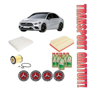 Set Pachet filtre revizie Bosch, 6 litrii ulei Castrol 0W20 MERCEDES-BENZ A-CLASS Saloon (V177) A 250 (177.146) din 2018, 4x Stickere auto cu MERCEDES-BENZ
