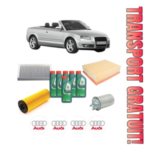 Set Pachet filtre revizie Bosch, 6 litrii ulei Castrol 10W40 AUDI A4 B6 Convertible (8H7) 2.5 TDI din 2002-2005, 4x Stickere auto cu AUDI